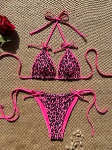 Wild Fluorescent Leopard Print Triangle Bikini Set, Adjustable Halter Neck Straps, Beach Pool Vacation Swimsuit, Sexy European Style