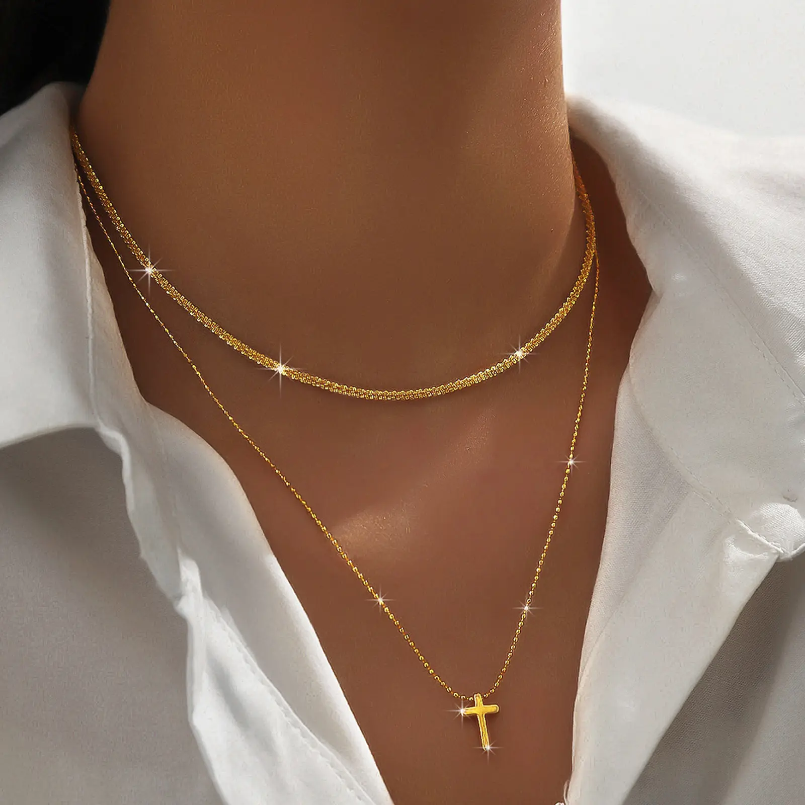 Layered Cross Necklace Set for Women, 2-Piece Gold-Plated Copper Fashion Jewelry, Casual Pendant with Adjustable 2.95-inch Extension Chain, Two Piece Set