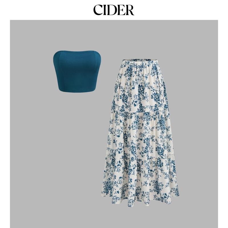 Cider Women's Size 2-10 Solid Crop Tube Top & Mid-Rise Floral Ruffle Tiered Maxi Skirt Set