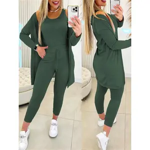 Three-piece casual suit - crew neck vest, long-sleeved cardigan, sweatpants two piece set women Polyester Solid