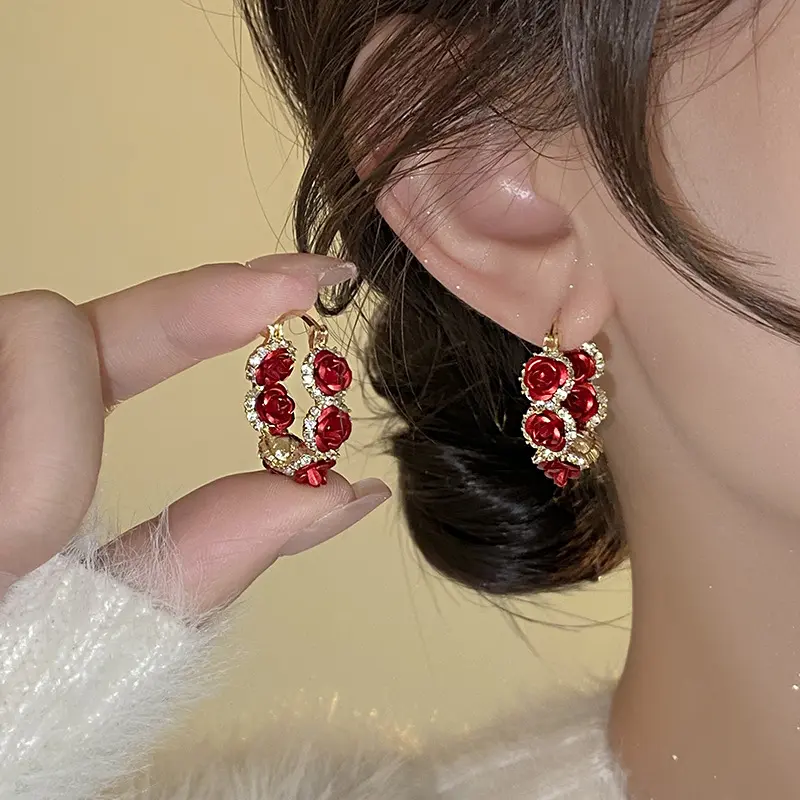 Shiny's new trendy fashion design red rose earrings exude elegance and beauty, DDES0164 exquisite earrings for women, 14K Gold-Plated