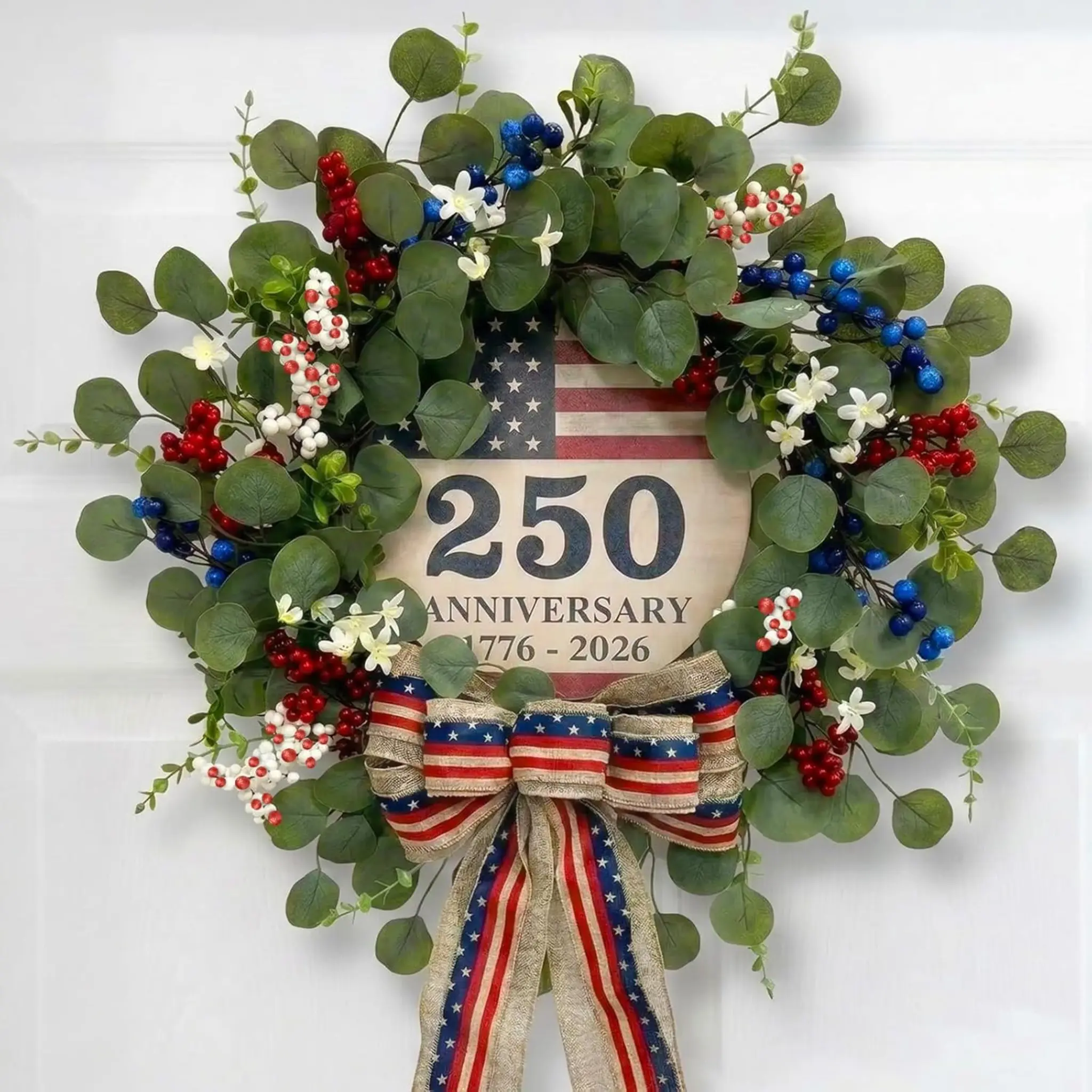 23-in 4th of July Eucalyptus Wreath for Front Door - 1776-2026 USA 250th Anniversary Patriotic Decor, Memorial Day Ornaments with Red White Blue Berries & Bow, Festive Style Wreaths for Gardening, Garlands & Swags, 250th Year Decor with Anniversary Flair