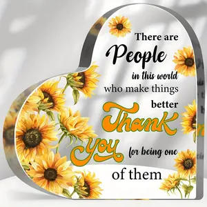 Heart Shaped Sunflower & Letter Pattern Acrylic Plaque, Acrylic Desktop Ornament, Thank You Gift, Desk Decoration for Home Office, Birthday Gift, Gift for Colleagues and Friends