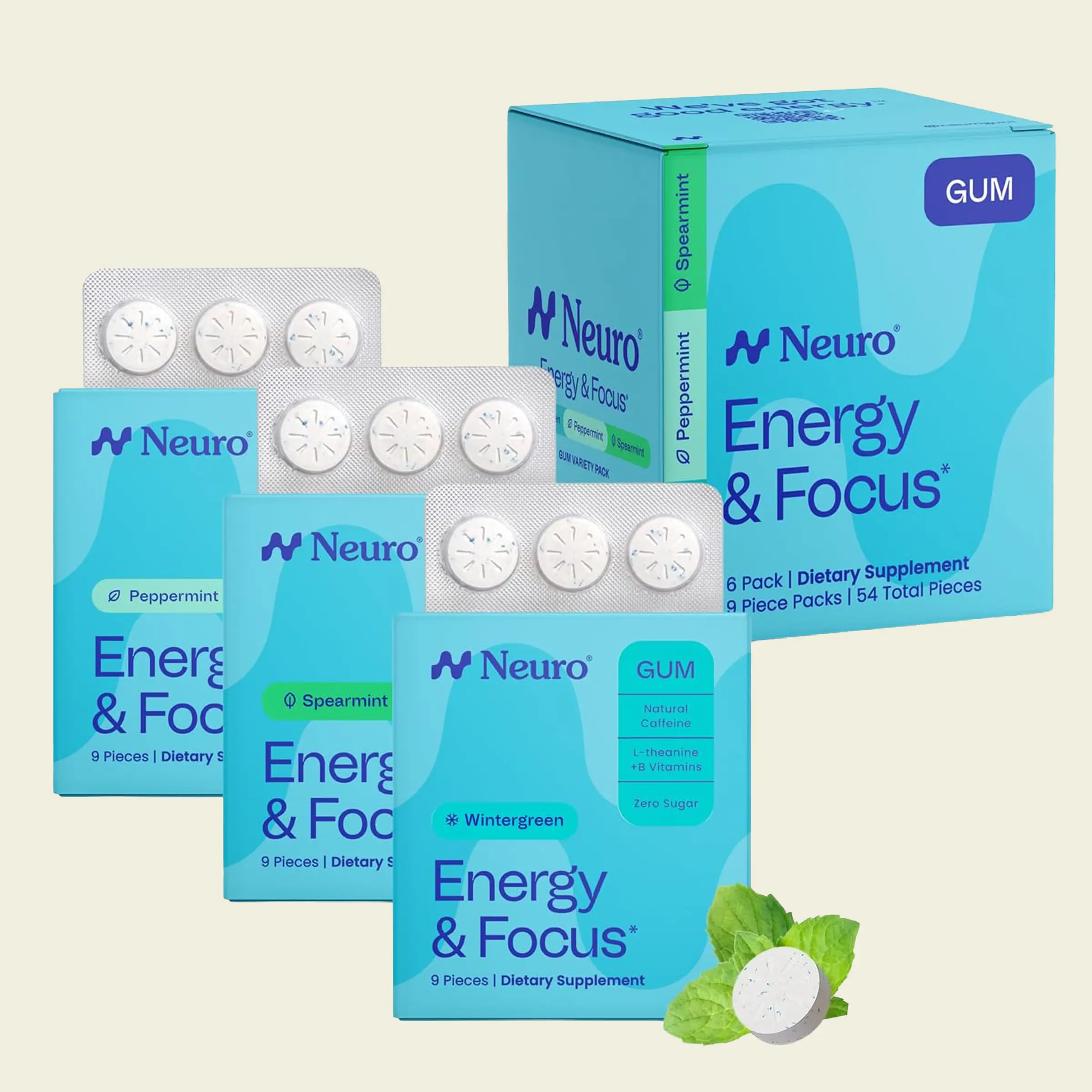 Neuro Variety Pack Energy & Focus Gum/Mints - Sugar Free with Natural Caffeine, L-theanine, Vitamin B12 & Vitamin B6 Neuro Variety Pack Energy & Focus Gum/Mints - Sugar Free with Natural Caffeine, L-theanine, Vitamin B12 & Vitamin B6