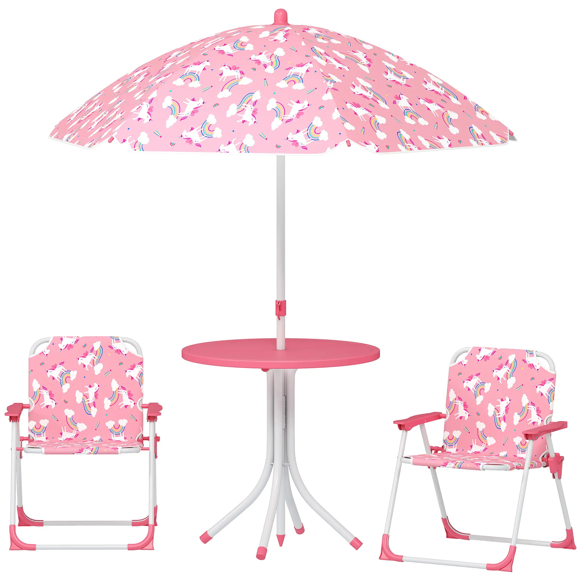 Children's Pink Picnic Table and Chair Set - 2 Folding Chairs, Included Umbrella - Indoor-Outdoor Backyard Garden Furniture