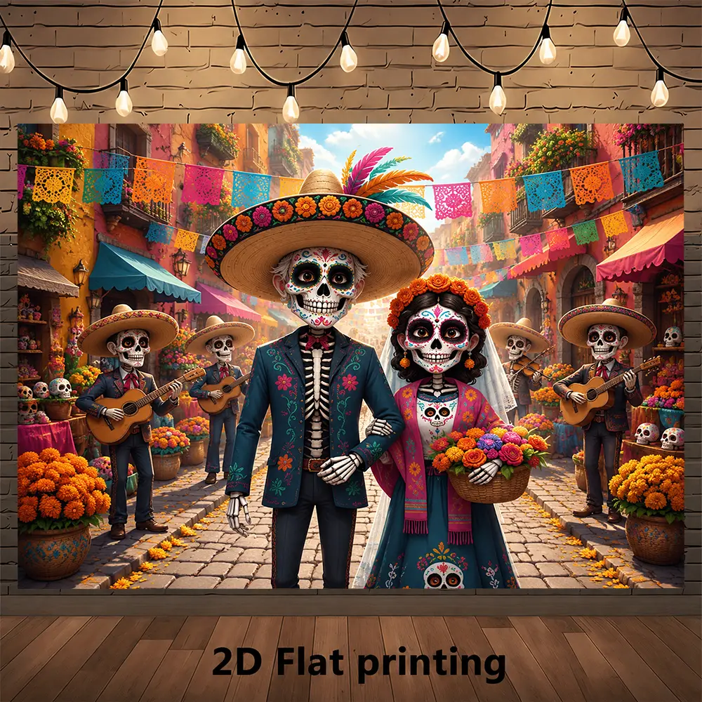 Dia de los Muertos Skeleton Couple Backdrop, Mexican Street Marigold Papel Picado Photography Background for Festival Party Photo Booth