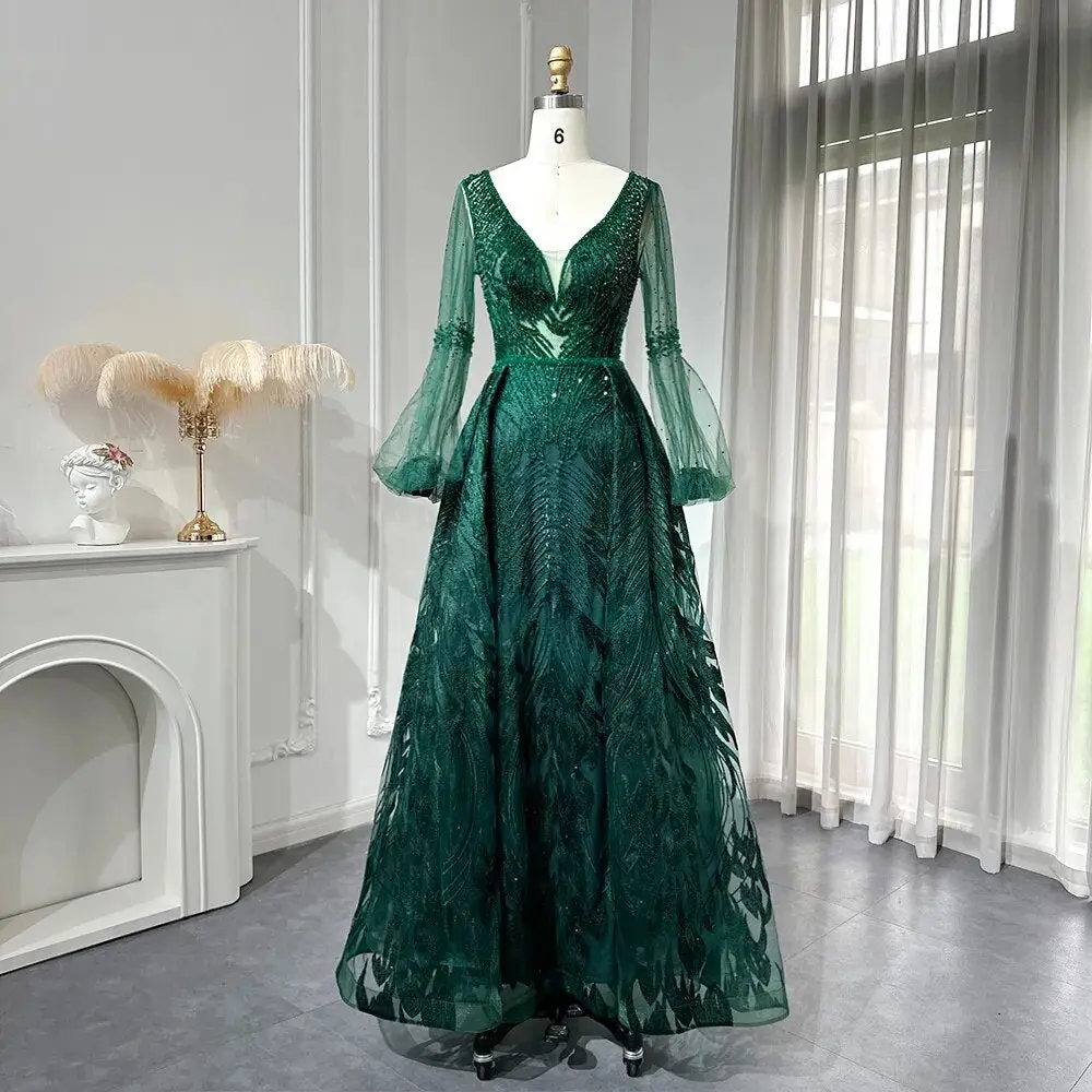 Emerald Enigma: Crystal-Adorned V-Neck Gown with Long Sleeves for Plus Size Wedding Elegance.
