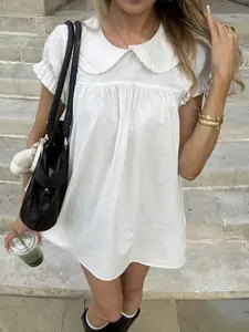 Sweet Girl Style Peter Pan Collar Ruched Bubble Hem Short Dress, Loose-Fit Summer Casual Everyday Wear Dress for Women, College Fashion, Womenswear