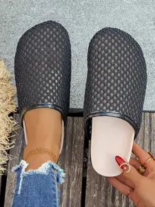 Women's White Crochet Mesh Mule Slippers, Square Toe with Breathable Hollow Design, Flat Sole Casual Shoes for Summer and Daily Wear