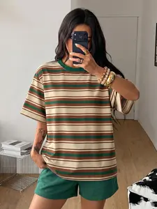 🔥 Viral Retro Striped Oversized Tee | 90s Y2K Aesthetic, Brown & Green Color Block, Loose Fit & Buttery Soft! Perfect for Casual Street & Lazy OOTD ✨#StripedTee #OversizedShirt #RetroFashion #Y2KAesthetic #TikTokFashion #CasualOOTD
