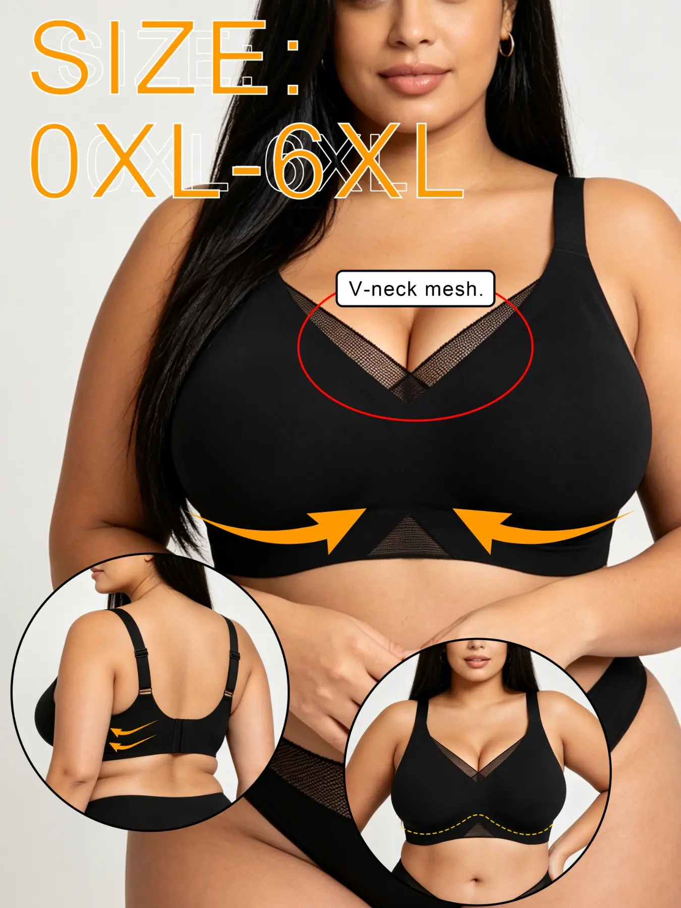 Women's plus-size V-neck mesh-spliced push-up anti-sagging breathable mesh bra, Breathable Bralettes, with adjustable shoulder straps, suitable for seamless, comfortable, supportive daily underwear needs
