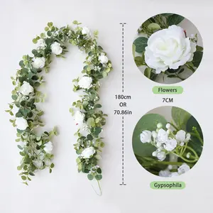 5.91FT Artificial Eucalyptus Garland with Flowers, Fake Flower Rose Gypsophila, Faux Floral Greenery Garland for Wedding Spring Home Party Craft Art Table Runner Decor
