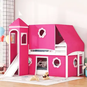 Twin Size Loft Bed with Slide Pink Tent and Tower - Pink(OLD SKU:WF532005AAH)