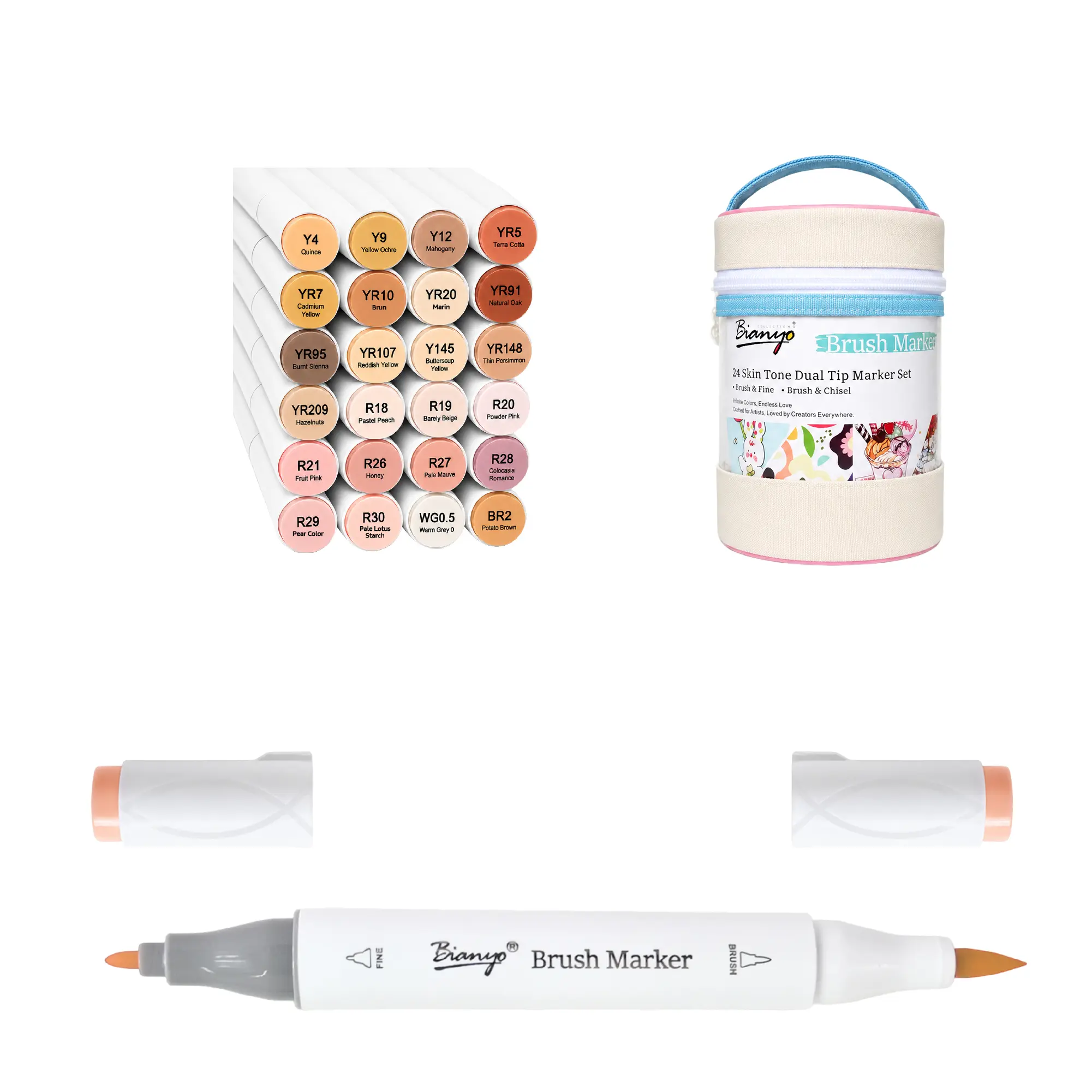 Bianyo 24-Color Skin Tone Dual-Tip Alcohol Markers Set - Brush & Fine Tips, Portable Cylinder Bag, for Portrait Drawing, Anime Skin, Illustration & Blending