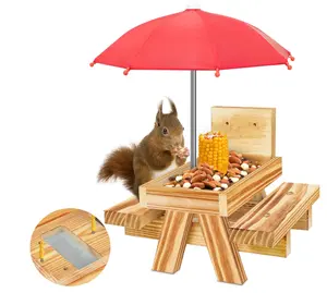 Carbonized Wood Squirrel Feeder with Umbrella, Squirrel Feeders for Outside Funny squrrill Picnic Table with Solid Structure Waterproof Chipmunk Feeder with Corn Cob Holder
