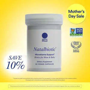 Ritual Natalbiotic™ Microbiome Support†* Biotics for Mom & Baby. Formulated to Support Digestive Health, Vaginal Health, and Baby’s Immune Health.* Designed with OB/GYNs‡. Non-GMO, Vegan, 30 Days.