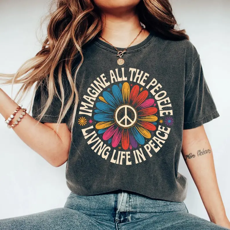 Imagine Peace T-Shirt | "Imagine All the People Living Life in Peace" | Floral Daisy Peace Sign Tee | Hippie Boho Graphic Shirt