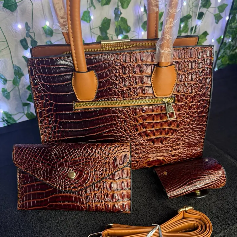 Luxury Croc Embossed 4-Piece Handbag Set – Chocolate Brown Satchel, Wallet, Coin Purse & Crossbody Strap