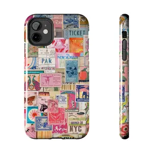 Vintage Stamps Collage Phone Case, Retro Aloha NYC Matchbox Trendy Aesthetic iPhone 15 14 13 12 11 Pro Max Samsung Galaxy 24 23