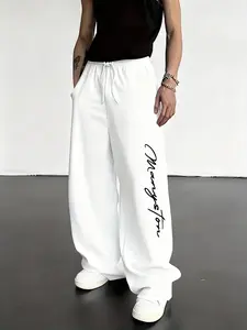 Men's Wide Leg Pants, Wanysten Handwritten Vertical Slogan, Lightweight Drape Fabric, Casual Loose Fit, Preppy Style