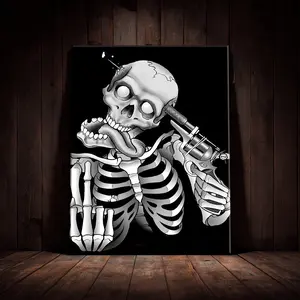 1 Count Halloween Wooden Framed Canvas, Skeleton with Gun Funny Poster, Halloween Decorative Poster, Horror Party Hanging Picture, Modern Art Living Room, Bedroom, Family Decoration, Interesting Poster, Waterproof, Wall Art
