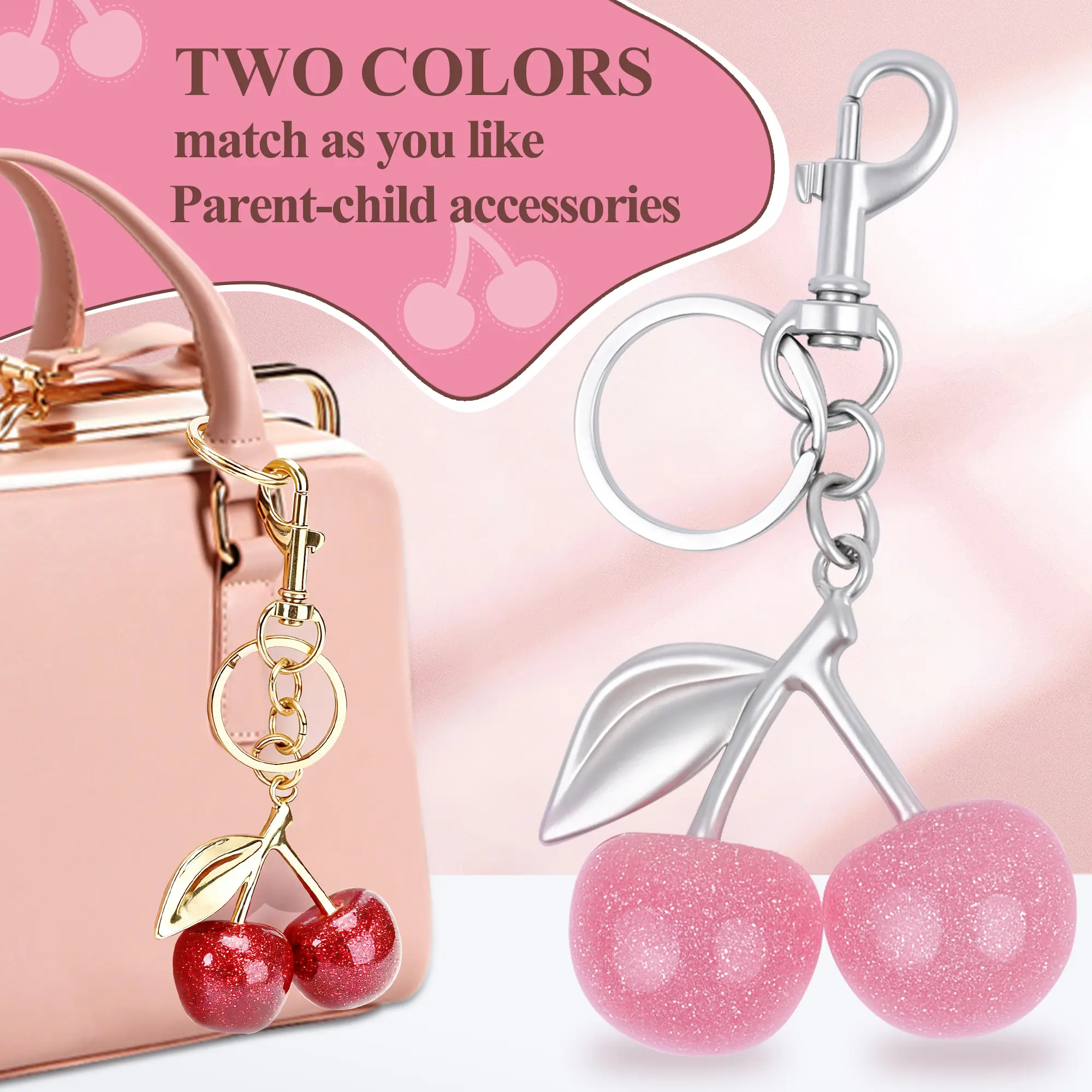Women's 2-PACK Kawaii Cherries Keychain - Cute Plush Plain Bag Charm Styling Accessory, Kawaii Accessories for Leather Handbags, Car Key Accents, Mother's Day Gift