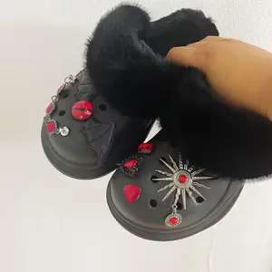Hallowen Dark Black Warn Shoes Women Gothic Footwear Winter Slippers Shoes Furry Clogs for Women