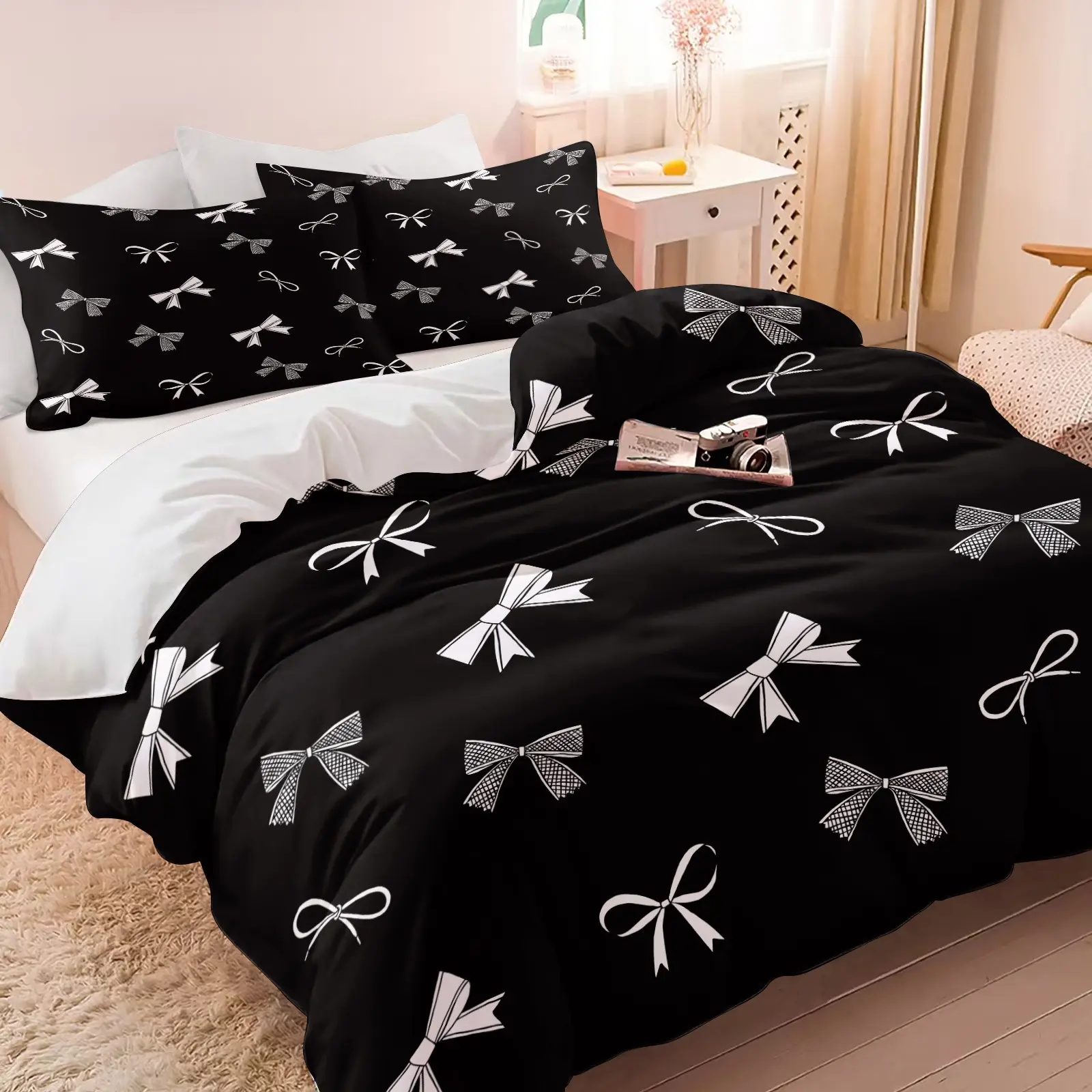 3Pcs Black & White Bow Print Duvet Cover Set, Soft Microfiber Comforter Cover, Coquette Bedding Set with Pillowcases (No Filling), Elegant Girly Decor for Bedroom & Dorm, Minimalist Bow Pattern for Aesthetic Room, Decorative Duvet Cover