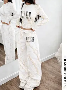 Women's Two-Piece Set, European Style Round Neck Long Sleeve Top, Straight Leg Drawstring Pants, Comfortable Fabric, Perfect for Daily Wear, Travel, Shopping