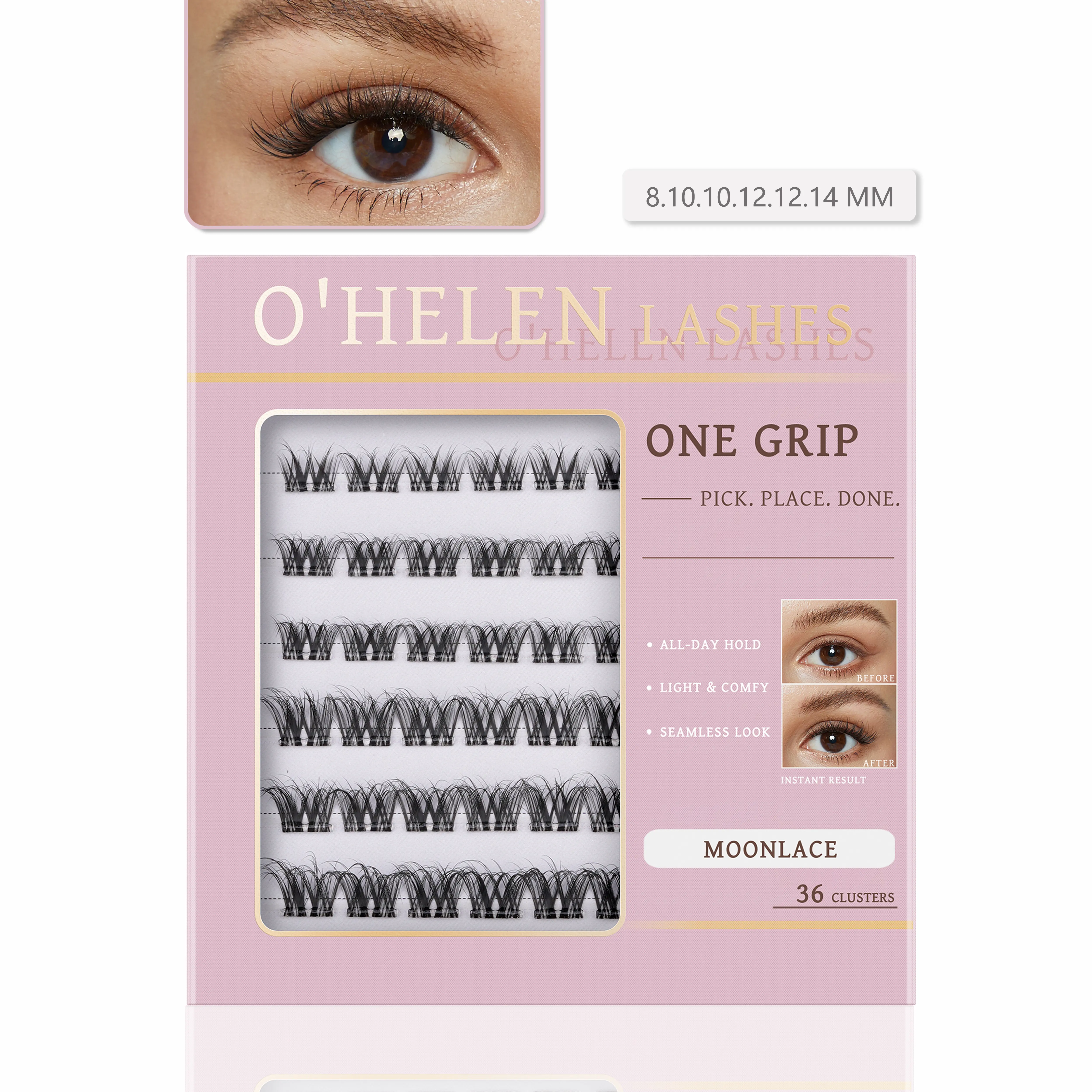 O'Helen Moonlace 1-Grip Pre-Glued Cluster Lashes, Airy Multi-Curl 3D Lashes