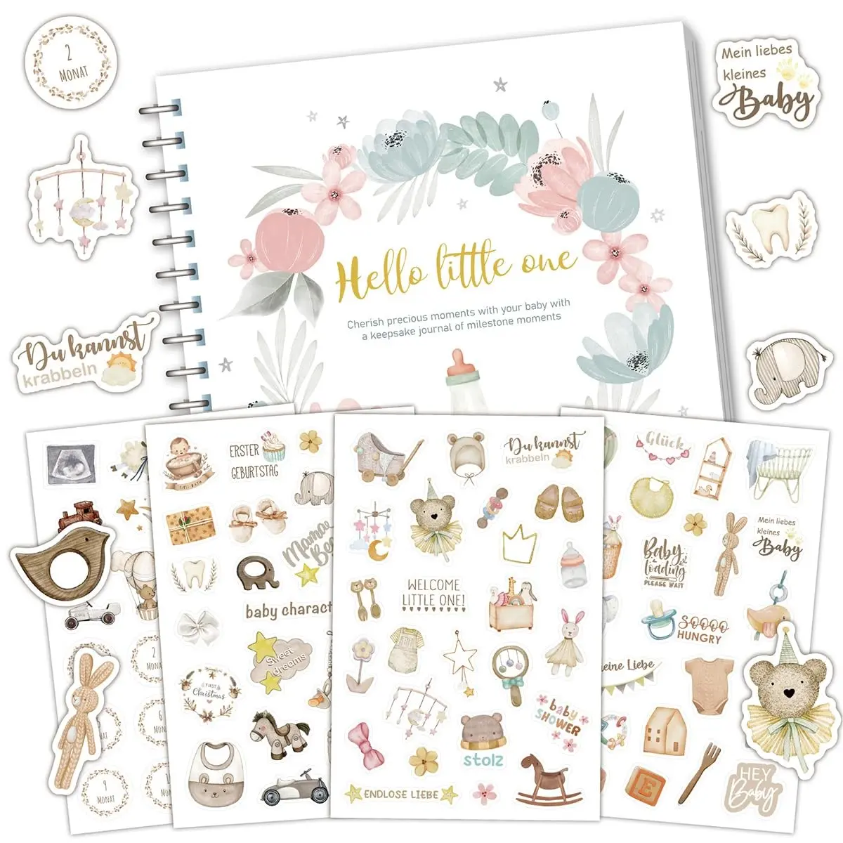 Baby Memory Book, 50-Page First Year Baby Journal & Keepsake Book, Boho Floral Newborn Milestone Album, Gender Neutral Baby Shower Gift, Pregnancy Gift, Baby Record Book, First Year Photo Album, Scrapbook Stickers, Includes Sticker, Newborn Scrapbook