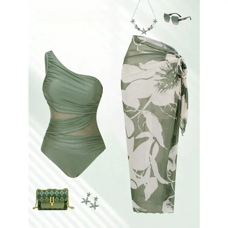Women's 1-Piece Vintage Asymmetrical Neck Elastane Swimsuit - Modest Full Cup Mesh, Pleated Skirt, Tummy Control Elegant Plant-Inspired Sage Green Swimsuit for Beach Vacation, Pool Party