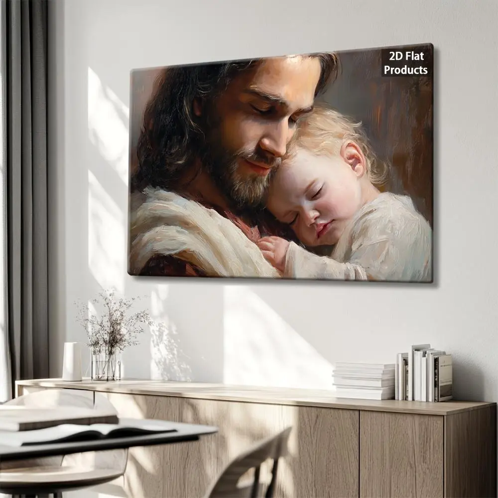 2D Flat Framed Religious Wall Art Print - Jesus Imagery with Baby, Colorful Vintage Style, Custom Name-Photo Option, Multi-Size Stored, Ideal for Living Rooms, Housewarming Gift & Prayer Decor, Available Sizes