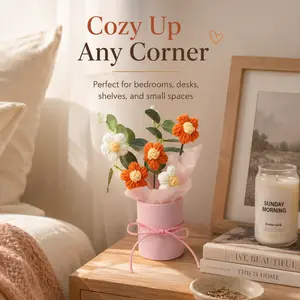 Handmade Crochet Flower Bouquet Gift in Pink Pot, Long-Lasting Yarn Flowers for Birthday, Mother’s Day, Desk & Home Decor