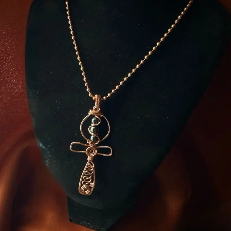 Handcrafted Copper Wire Wrapped Ankh Pendant Necklace with Beaded Chain for Spiritual Jewelry Lovers