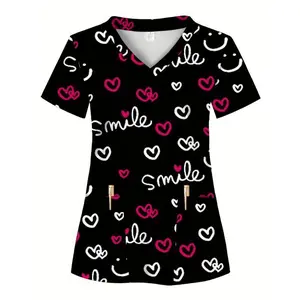 NewSoft Breathable Smile & Heart Print Scrub Top - V-Neck with Dual Pockets, Polyester-Spandex Blend - Ideal for Nurses, Dentists, Beauty Salons, Comfortable & Healthcare Uniform, Full-body Print, Nursing Career