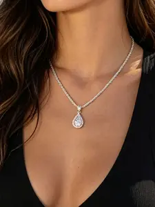 Shimmering Teardrop Rhinestone Pendant Stainless Steel Necklace, Wedding Party Evening Accessory, Waterproof Sweat-Resistant, Fashionable Versatile