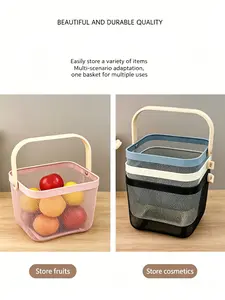 Square Handheld Basket, Wooden Handle, Metal Mesh, Multi-Functional Storage Basket, Ideal for Fruits and Vegetables, Durable Design