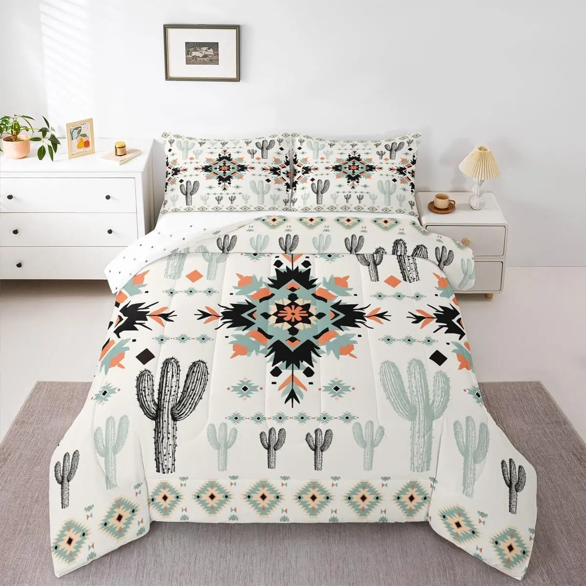 Feelyou Southwestern Style Breathable Microfiber Duvet Set - Western Decor Aztec Geometric Tribal Bedding, Soft Decorative Black and Green Cactus Design Comforter with Duvet Insert, Breathable Duvet Set