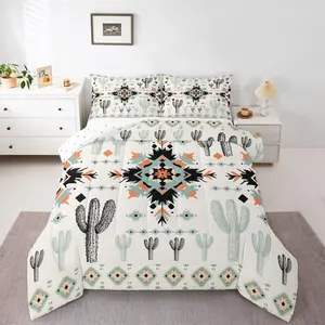 Western Decor Aztec Comforter Set,Southwestern Geometric Tribal Style Bed Set,Tribe Duvet Insert, Black and Green Cactus Design Comforter