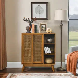 Vintage Rattan MDF Concealed Storage Sideboard - 31.5x15.75x36in, Solid Wood Legs, Adjustable Inner Shelf, Cable Hole, Easy-Install Multi-Level Spacious Standalone Cabinet, TV Cabinet for Living Room, Concealed Storage Cabinets, Easy-Install Cabinets