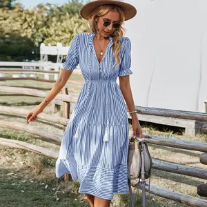 Women's V Neck Stripe High Waist Puff Short Sleeve Tiered Ruffle Hem Swing Midi Dress