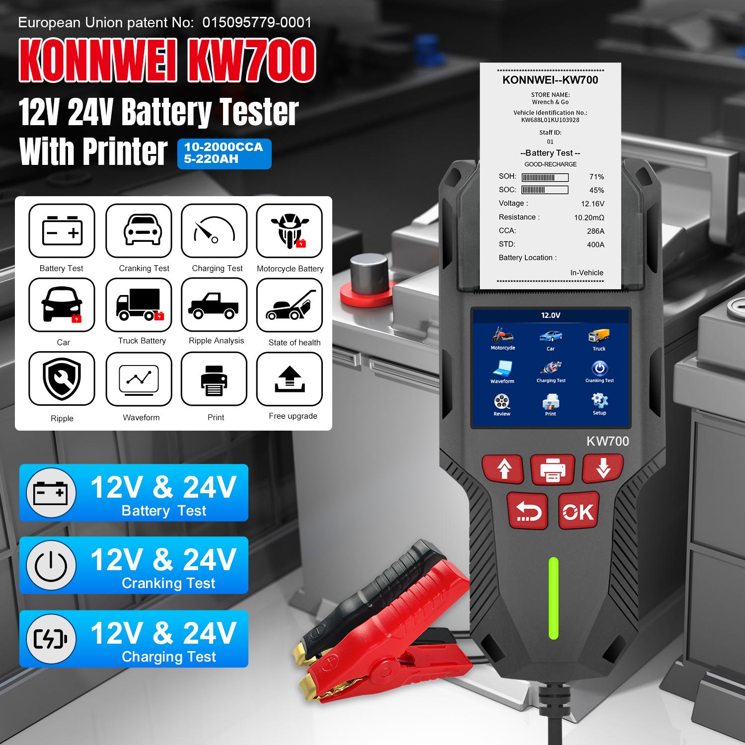 Car Battery Tester 12V 24V 100-2000CCA Lead-Acid Battery,KONNWEI KW700 Alternator Tester, Load Tester, with Built-in Printer, Spark Free Metal Clamps, Automatic Reverse Polarity Protection