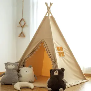Teepee for Kids Tent Indoor with Floor Mat,Carry Bag,Banner,Cotton Canvas Kids Teepee Tent for Girls & Boys, Pompom Ball Design, Foldable Teepee Tent(Without Padding)
