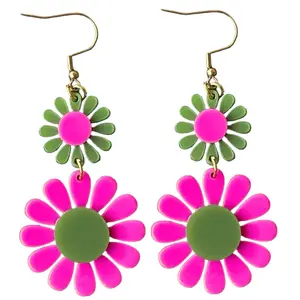 60s Hot Pink and Green Flower Power Retro Earrings