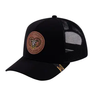 V2 Embroidered And Laser-Engraved Aries Zodiac (March 21 - April 19) - 5 Panel Trucker Hat - Black/Black