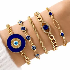 Mystique Jewelries Evil Eye 5 pc/set Bracelets for Women Alloy Gold Tone Blue Enamel Accents Fashion Jewelry Stackable Lightweight Comfortable Daily Wear Boho Style Bangles Multilayered Bangles