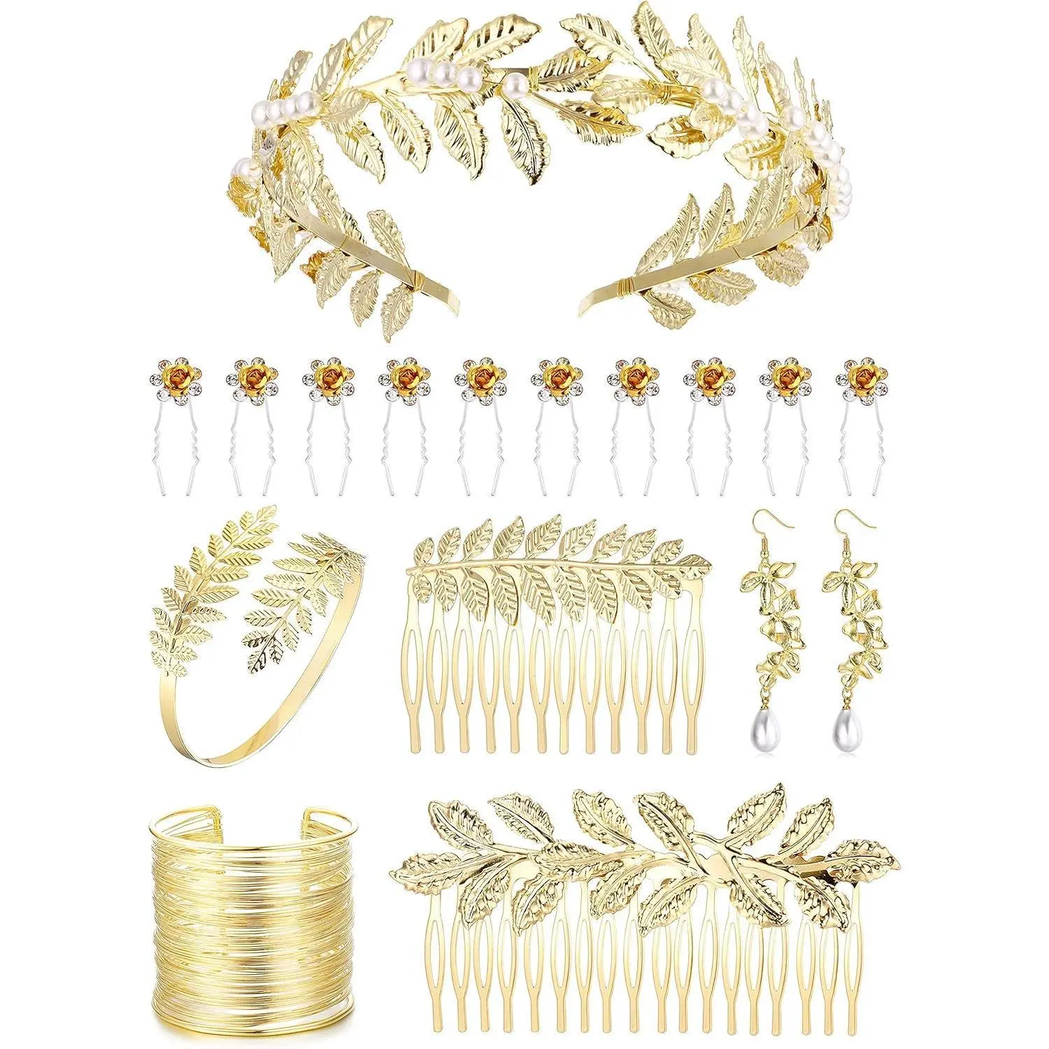 Fansilver Women's Hypoallergenic Fit Greek Goddess-Inspired Elegant Costume Jewelry Single Set - Adjustable Leaf Motif Headband, Drop Earrings, Geometric Upper Arm Cuff, Bracelet - for Bridal Weddings, Summer Vibes
