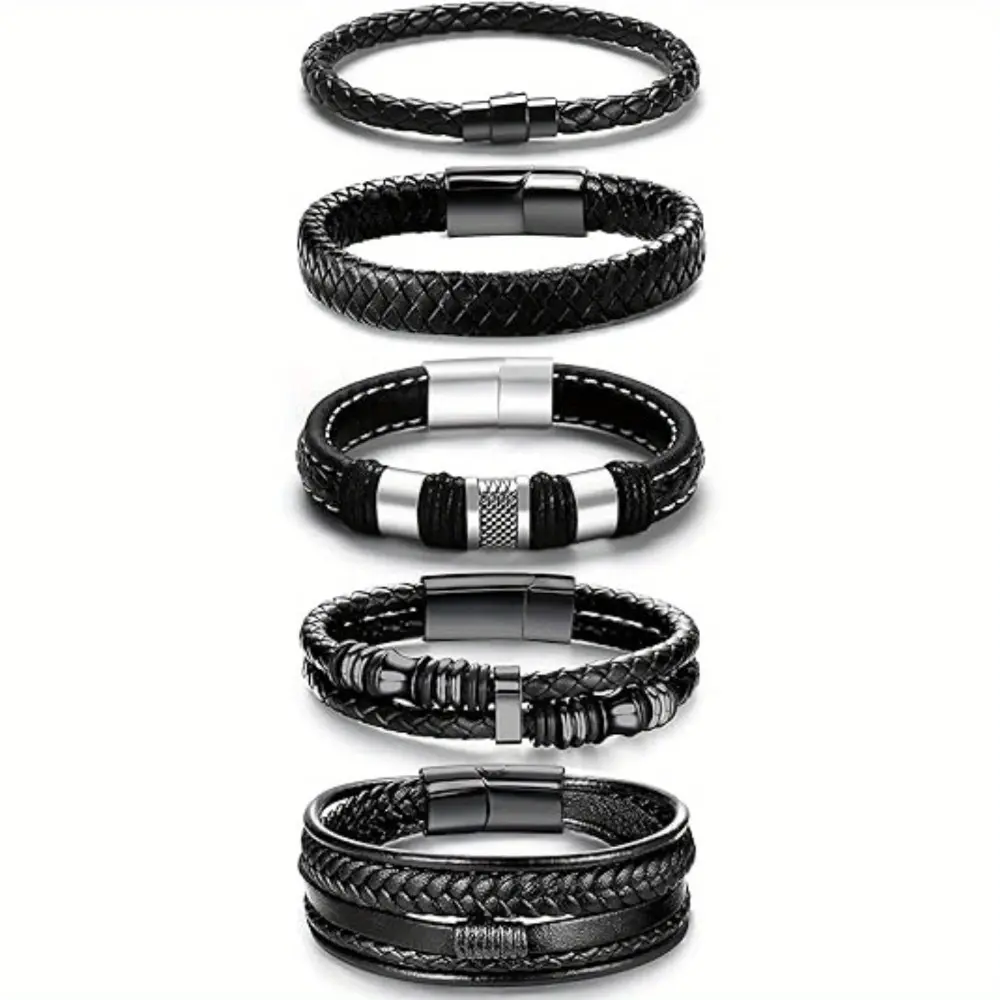 5pcs Mens Bracelet Leather and Steel Braided Cuff Bracelets Black Leather Bracelets for Men Women