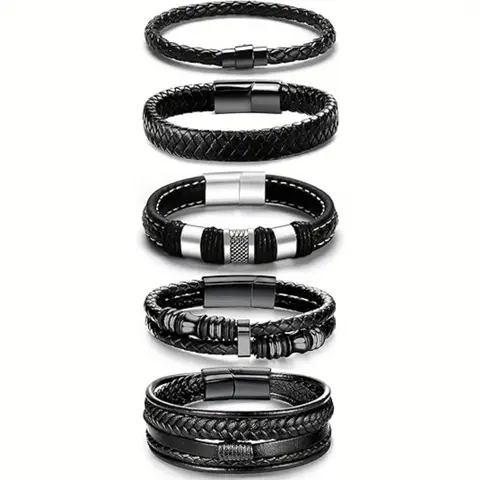 5pcs Mens Bracelet Leather and Steel Braided Cuff Bracelets Black Leather Bracelets for Men Women